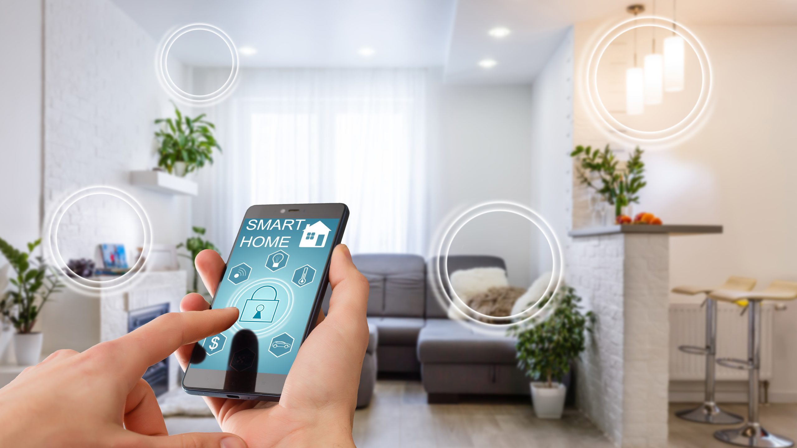 Smart home technology interface on smartphone app screen with au